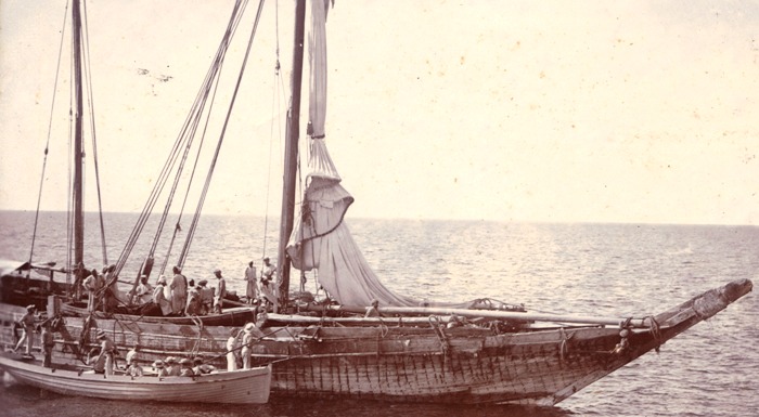 Omani ship being searched for slaves or guns by British naval staff